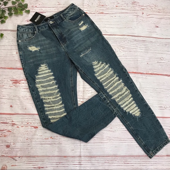 Missguided Denim Riot High Rise Crop Jeans Ripped - Picture 7 of 8